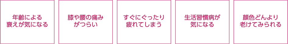 年齢による衰えが気になる 膝や腰の痛みがつらい すぐにぐったり疲れてしまう 生活習慣病が気になる 顔色どんより老けてみられる